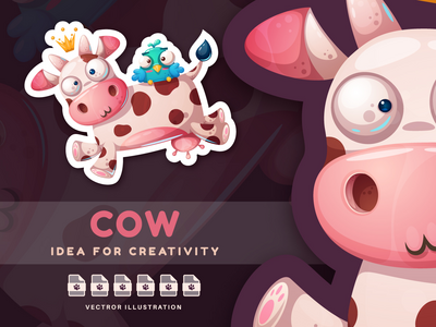 玩牛和鸟 - 可爱的贴纸(Cow and Bird Are Played - Cute Sticker)