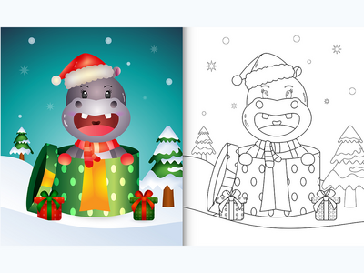 带有可爱河马圣诞人物的图画书(coloring book with a cute hippo christmas characters)