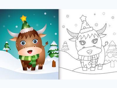 带有可爱水牛圣诞人物的图画书(coloring book with a cute buffalo christmas characters)