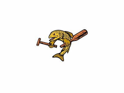 布朗鳟鱼或芬诺克打破桨卡通吉祥物颜色(Brown Trout or Finnock Breaking a Paddle Cartoon Mascot Color)