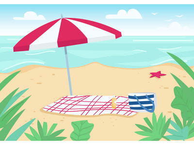 沙滩上的毯子和太阳伞平面彩色矢量图解(Blanket and sun umbrella on sand beach flat color vector illustration)