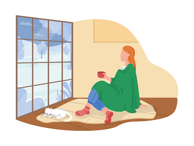 在家中舒适的心情 2D 矢量隔离插图(Cozy mood at home 2D vector isolated illustration)