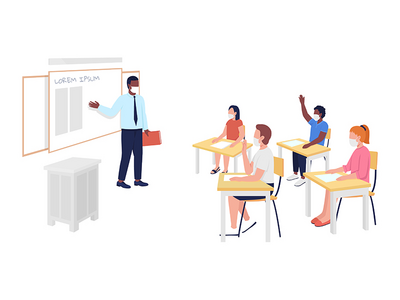 电晕学校课后半平面彩色矢量字符(After corona school class semi flat color vector character)