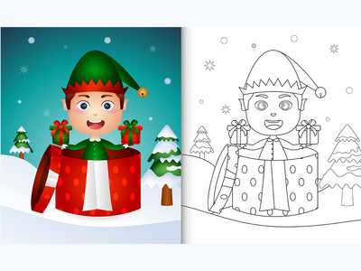 彩绘书，礼盒里有一个可爱的男孩精灵圣诞人物(coloring book with a cute boy elf christmas characters in the gift box)