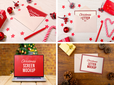 圣诞笔记本电脑和字母样机套装(Christmas Laptop & Letter Mockup Set)
