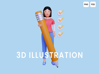 3d 女人用铅笔检查列表(3d woman checks the list with a pencil)