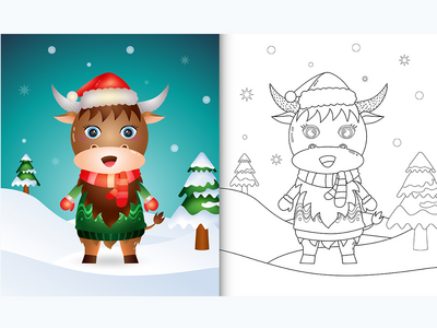 带有可爱水牛圣诞人物的图画书(coloring book with a cute buffalo christmas characters)