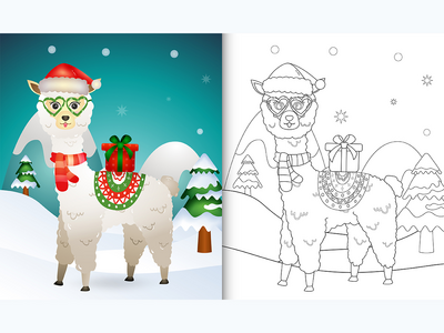 带有可爱羊驼圣诞人物的图画书(coloring book with a cute alpaca christmas characters)