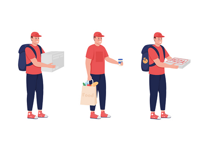 具有食品半平面彩色矢量字符集的快递员(Courier with food semi flat color vector character set)