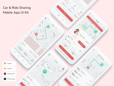 汽车和乘车共享移动应用程序 UI 套件(Car & Ride Sharing Mobile App UI Kit)