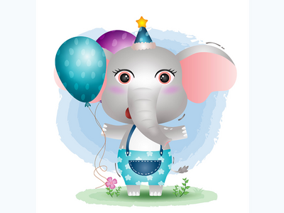 一头可爱的大象，戴着生日帽，拿着气球(a cute elephant using birthday hat and holds balloon)