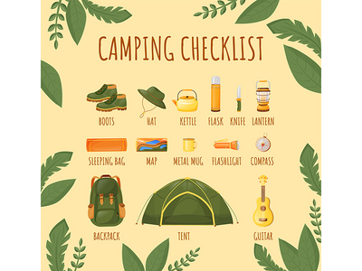 露营清单平面颜色矢量信息图表模板(Camping checklist flat color vector informational infographic template)