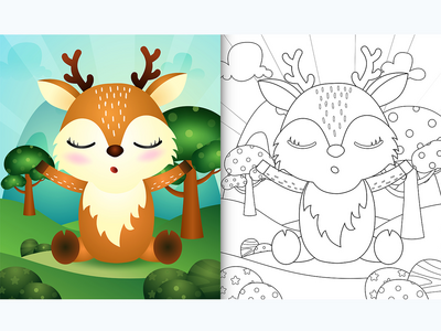 带有可爱鹿角色插图的儿童着色书(coloring book for kids with a cute deer character illustration)