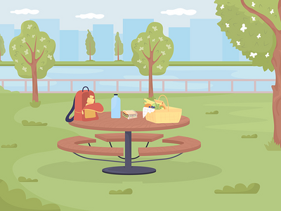 带篮子和背包平面彩色矢量图的野餐桌(Picnic table with basket and backpack flat color vector illustration)