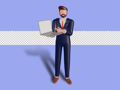 3d 拿着笔记本电脑的男性角色。 Psd 溢价(3d male character holding laptop. Psd Premium)