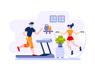 一个男人在跑步机上跑步，一个女人跳绳。(A man runs on treadmill and a woman jumps rope.)