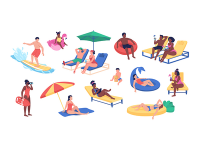 海滩活动半平面颜色矢量字符集(Beach activities semi flat color vector character set)