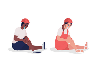 哭泣的儿童骑自行车者半平面彩色矢量字符集(Crying child cyclists semi flat color vector characters set)