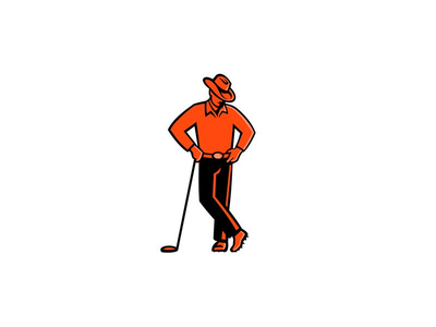 牛仔高尔夫球手倾斜高尔夫俱乐部吉祥物(Cowboy Golfer Leaning Golf Club Mascot)