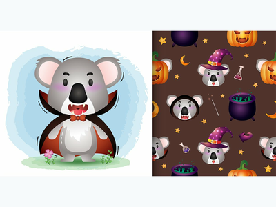 一只可爱的考拉，穿着德古拉服装万圣节人物无缝图案(a cute koala with dracula costume halloween character seamless pattern)