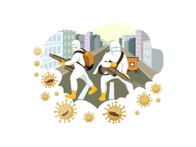 冠状病毒街道消毒病媒图解概念(Coronavirus Street Disinfecting Vector Illustration concept)