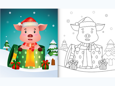 带有可爱猪圣诞人物的着色书(coloring book with a cute pig christmas characters)