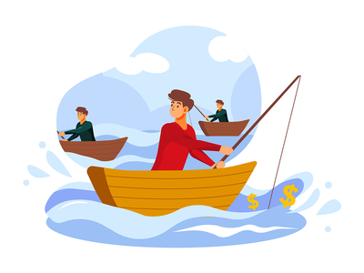 坐在船上钓鱼美元的商人(Businessman fishing dollar sitting in boat)