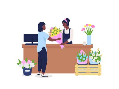 非洲裔美国妇女买卖鲜花平面彩色矢量图(African american women buying and selling flowers flat color vector)