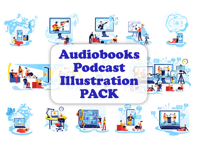 有声读物播客 13 矢量插图包(Audiobooks podcast 13 vector illustrations pack)