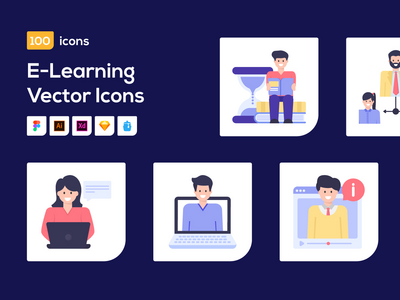 100 个电子学习字符矢量图标(100 E-Learning Character Vector Icons)