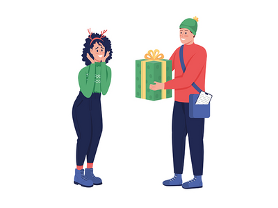 圣诞礼物递送半平面彩色矢量字符(Christmas gift delivery semi flat color vector characters)