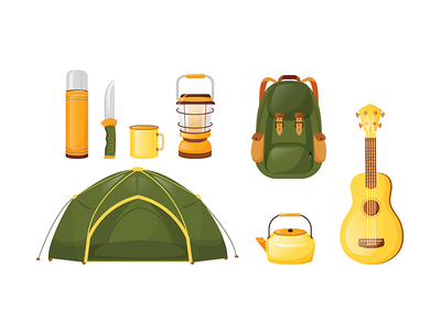 野营设备平面颜色矢量对象集(Camping equipment flat color vector objects set)