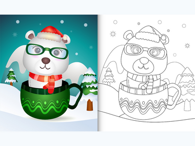 着色书，杯子里有可爱的北极熊圣诞人物(coloring book with a cute polar bear christmas characters  in the cup)