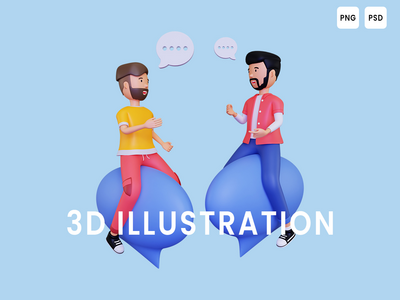 3d 两个男性坐在聊天泡泡上交谈(3d Two male having a conversation while sitting on a chat bubble)