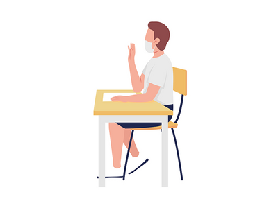 学校课上戴面具的男孩半平面彩色矢量字符(Boy in mask at school lesson semi flat color vector character)