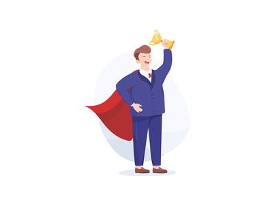 穿着红色斗篷的商人拿着优胜者杯。商业超级英雄。(Businessman in a red cloak holding winner cup. Superhero of business.)