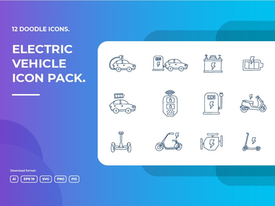 12 电动汽车概念涂鸦插图图标集(12 Electrical vehicle concept doodle illustrations icon set)