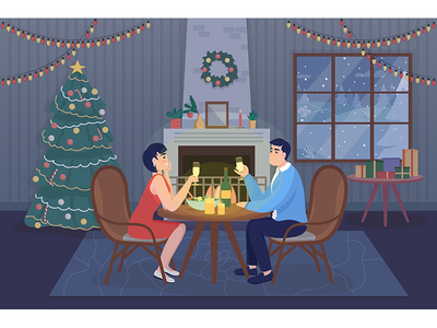 情侣平面彩色矢量图的圣诞晚餐(Christmas dinner for couple flat color vector illustration)