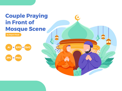 夫妇在清真寺前祈祷手绘插图(Couple Praying in Front of Mosque Hand Drawn Illustration)