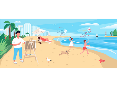 艺术家在异国情调的沙滩上绘画平面彩色矢量图(Artist painting at exotic sandy beach flat color vector illustration)