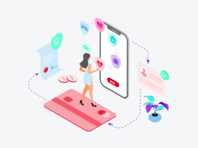 通过数字钱包等轴测图购买保险(Buying Insurance by Digital Wallet Isometric Illustration)