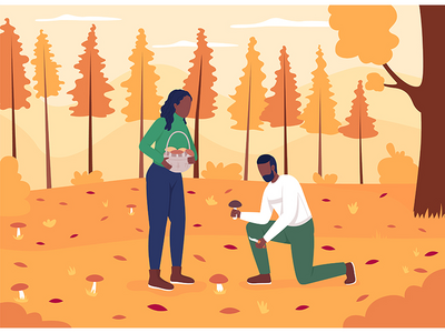 夫妇收集蘑菇平面彩色矢量图(Couple collecting mushrooms flat color vector illustration)