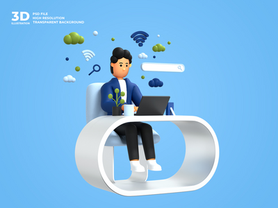 使用笔记本电脑自由职业者工作的 3d 男性角色(3d male character working using laptop freelancer)