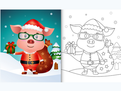 使用圣诞老人服装的可爱猪着色书(coloring book with a cute pig using santa clause costume)