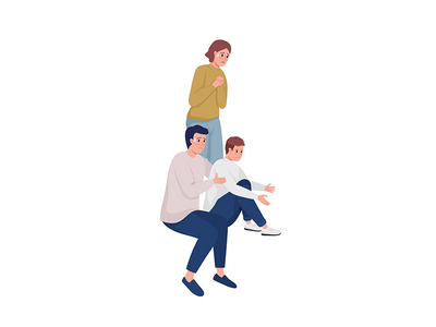 带有狗半平面彩色矢量字符的焦虑家庭成员(Anxious family members with dog semi flat color vector characters)