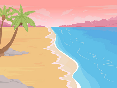 海滩日落平面颜色矢量图(Beach sunset flat color vector illustration)