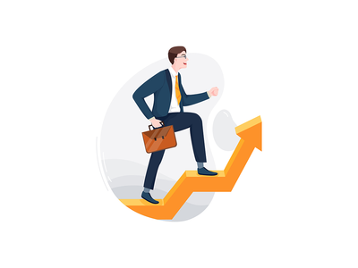 带着公文包的商人上升了大箭头符号。(Businessman with the briefcase goes up the large arrow symbol.)