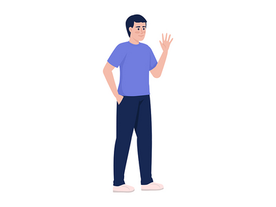 自信的人挥手半平面彩色矢量字符(Confident man waving hand semi flat color vector character)