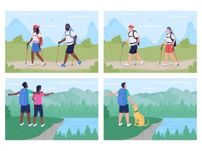 野营冒险平面彩色矢量插图集(Camping adventure flat color vector illustration set)