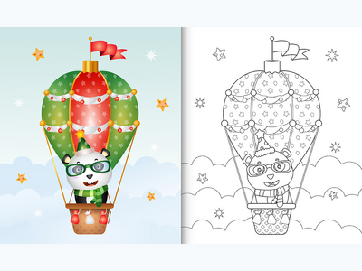热气球上带有可爱熊猫圣诞人物的着色书(coloring book with a cute panda christmas characters on hot air balloon)